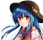  1girl bangs black_hat blue_hair blush bow bowtie closed_mouth food from_side fruit fuussu_(21-kazin) hat hinanawi_tenshi leaf long_hair looking_at_viewer looking_to_the_side peach portrait red_bow red_bowtie red_eyes shirt smile solo touhou white_shirt 