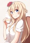  1girl alternate_costume blonde_hair blue_eyes braid buttons cup french_braid hair_between_eyes highres holding holding_cup kantai_collection kapatarou long_hair shirt short_sleeves smile solo teacup warspite_(kantai_collection) white_shirt 