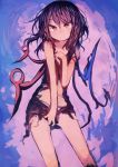  1girl absurdres asymmetrical_wings bare_arms black_dress black_hair dress expressionless highres houjuu_nue kaamin_(mariarose753) long_hair medium_hair red_eyes short_dress solo torn_clothes torn_dress touhou wings 