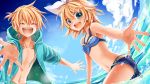  1boy 1girl :d belt bikini blonde_hair blue_bikini_top blue_eyes blue_shorts blue_sweater bow breasts brother_and_sister cardigan cleavage closed_eyes clouds cloudy_sky day hair_between_eyes hair_bow hair_ornament hairclip kagamine_len kagamine_rin lens_flare looking_at_viewer momomochi navel open_cardigan open_clothes open_mouth outdoors outstretched_arms short_hair short_shorts shorts siblings sky small_breasts smile striped striped_bikini sweater swimsuit vocaloid wading water white_bow 