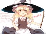  &gt;:d 1girl :d apron bamboo_broom blonde_hair blush broom collared_shirt commentary engrish followers hand_on_hip hat kirisame_marisa large_hat long_hair looking_at_viewer open_mouth ranguage shirt signature skirt skirt_set smile solo star touhou vest waist_apron wavy_hair witch_hat yellow_eyes yururi_nano 