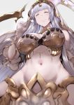  1girl absurdres breasts bridal_veil cleavage closed_eyes echidna_(granblue_fantasy) elbow_gloves from_below gloves granblue_fantasy hair_ornament hews_hack highres lamia large_breasts long_hair mimikaki monster_girl navel patreon_reward silver_hair smile solo veil white_gloves 