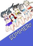  6+girls :d =_= akagi_(kantai_collection) amagi_(kantai_collection) asymmetrical_hair bare_shoulders bikini black_hair blue_hair blue_swimsuit blush braid breasts brown_hair chibi cleavage closed_eyes collarbone commentary_request flower full_body gradient_hair green_hair green_ribbon grey_hair grin hair_between_eyes hair_flower hair_ornament hair_ribbon hiryuu_(kantai_collection) houshou_(kantai_collection) jacket jumping kaga_(kantai_collection) kantai_collection katsuragi_(kantai_collection) legs_up long_hair multicolored_hair multiple_girls navel open_mouth ponytail red_jacket red_swimsuit ribbon short_hair shoukaku_(kantai_collection) side-tie_bikini side_ponytail simple_background single_braid smile souryuu_(kantai_collection) swimsuit teeth track_jacket twintails unryuu_(kantai_collection) very_long_hair white_ribbon yellow_swimsuit yoichi_(umagoya) zuikaku_(kantai_collection) 