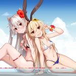  2girls :d amatsukaze_(kantai_collection) arm_support bikini black_bikini blonde_hair blue_sky blush bracelet breasts brown_eyes cleavage closed_mouth clouds cloudy_sky day eyebrows_visible_through_hair fang flower front-tie_bikini front-tie_top gluteal_fold hair_between_eyes hair_flower hair_ornament hair_ribbon hairband jewelry kantai_collection layered_bikini leaning long_hair looking_at_viewer multiple_girls navel open_mouth outdoors ribbon shimakaze_(kantai_collection) sidelocks silver_hair sky small_breasts smile sweat swimsuit takanashi_kei_(hitsujikan) thigh_strap two_side_up v very_long_hair 