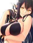  1girl adjusting_hair assassin_of_red black_hair black_swimsuit breast_hold breasts cocorosso fate/apocrypha fate_(series) long_hair pointy_ears solo swimsuit yellow_eyes 