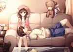  1boy 1girl bangs blush braid brown_eyes brown_hair closed_eyes closed_mouth coffee_table couch cup de_da_xianyu eyebrows_visible_through_hair hand_on_own_stomach highres hood hood_up hoodie indoors kettle lap_pillow living_room long_hair looking_at_another lying mug on_back on_couch open_clothes open_hoodie original sitting smile stuffed_animal stuffed_bunny stuffed_toy teddy_bear twin_braids 