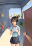  10s 1girl absurdres black_hair black_skirt blurry blurry_background braid brown_eyes commentary_request copyright_name hair_ribbon highres kimi_no_na_wa langlangzhili meta miniskirt miyamizu_mitsuha open_door pov red_ribbon ribbon school_uniform short_sleeves skirt stairs 