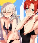  2girls black_swimsuit boudica_(fate/grand_order) commentary_request fate/grand_order fate_(series) green_eyes kerorira long_hair multiple_girls olga_marie_animusphere redhead silver_hair swimsuit white_hair yellow_eyes 