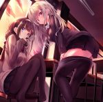  2girls bangs black_legwear black_skirt blue_eyes blush brown_eyes brown_hair can canned_coffee chair classroom desk evening from_below grey_hair hair_ornament hairband haruka_natsuki holding holding_can indoors knees_up legs long_hair looking_at_viewer miniskirt multiple_girls original pantyhose parted_lips pleated_skirt school_desk school_uniform sidelocks sitting skirt sleeves_past_wrists sweater undressing window x_hair_ornament 