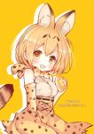  1girl :d animal_ears bare_shoulders blonde_hair blush bow bowtie brown_eyes elbow_gloves food gloves holding holding_food japari_bun kemono_friends looking_at_viewer maodouzi open_mouth serval_(kemono_friends) serval_ears serval_print serval_tail short_hair sleeveless smile solo tail translated yellow_background 