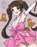  10s 1girl :d amayadori_machi animal_ears armpits bear bear_ears bear_tail blush bow brown_eyes brown_hair chomi_(neco) commentary_request elbow_gloves eyebrows_visible_through_hair gloves hakama heart holding japanese_clothes kumai_natsu kumamiko long_hair looking_at_viewer nontraditional_miko open_mouth outfit_2_(kumamiko) pink_bow pink_hakama ribbon-trimmed_gloves ribbon_trim shirt sleeveless smile tail translation_request twintails white_gloves white_shirt 