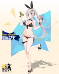  1girl :q bare_legs bikini black_bikini bow bowtie breasts brown_eyes cleavage counter_strike:global_offensive detached_collar earrings five-seven_(girls_frontline) five-seven_(gun) food front-tie_bikini front-tie_top full_body girls_frontline gun hair_ornament hair_ribbon handgun head_tilt high_heels highres ice_cream jewelry large_breasts long_hair looking_at_viewer multi-strapped_bikini navel official_art pistol ponytail ribbon side-tie_bikini silver_hair solo standing standing_on_one_leg strap_gap suisai. sundae swimsuit thigh_ribbon tongue tongue_out trigger_discipline very_long_hair weapon 