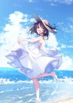  1girl bangs barefoot beach black_hair blue_sky blush brown_eyes clouds cloudy_sky d: day dress floating_hair from_side hair_between_eyes hat looking_at_viewer looking_back open_clothes open_dress open_mouth original outdoors sky solo standing standing_on_one_leg sun_hat sundress tareme u35 white_dress 