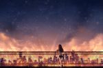  1girl arm_support black_hair building city city_lights czy_(2894456992) dark long_hair looking_afar night night_sky original railing school_uniform serafuku sky skyline skyscraper solo star_(sky) starry_sky 