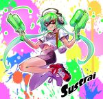  1girl character_name commentary_request dual_wielding emerald_sustrai green_hair headphones iesupa masked navel rwby shoes short_hair shorts sneakers solo splatoon super_soaker twintails 
