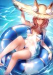  1girl adjusting_clothes adjusting_hat animal_ears artist_name bikini blue_bikini bracelet breasts collarbone fate/extra fate_(series) feet floating fox_ears hair_flaps hat innertube jewelry kyouya_(mukuro238) large_breasts leg_lift long_hair looking_at_viewer navel necklace ocean partially_submerged pink_hair see-through sitting solo sun_hat swimsuit tamamo_(fate)_(all) tamamo_no_mae_(swimsuit_lancer)_(fate) water yellow_eyes 