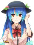  1girl bangs black_hat blue_hair blush bow bowtie breasts closed_mouth dress_shirt food fruit fuussu_(21-kazin) hat hinanawi_tenshi leaf long_hair looking_at_viewer medium_breasts orange_eyes peach puffy_short_sleeves puffy_sleeves red_bow red_bowtie shirt short_sleeves smile solo touhou upper_body white_shirt 