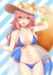  1girl :d absurdres animal_ears arm_up atora bangs bikini blue_bikini blush bracelet breasts brown_eyes collarbone cowboy_shot eyebrows_visible_through_hair fang fate/grand_order fate_(series) fox_ears fox_print fox_tail hair_between_eyes hand_up hat highres innertube jewelry large_breasts long_hair looking_at_viewer messy_hair navel open_mouth pink_hair sidelocks smile solo striped striped_background sun_hat swimsuit tail tamamo_(fate)_(all) tamamo_no_mae_(swimsuit_lancer)_(fate) 