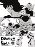  1girl 3boys baby black_eyes black_hair cape copyright_name crossed_arms dougi dragon_ball dragon_ball_(object) dragon_ball_z_fukkatsu_no_f dragonball_z eye_contact fighting_stance frieza grandfather_and_granddaughter hand_on_hip highres looking_at_another looking_at_viewer looking_back monochrome multiple_boys pan_(dragon_ball) piccolo serious simple_background sleeping smile son_gokuu tkgsize turban white_background wristband 