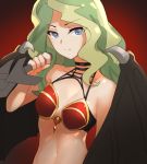  1girl akasha_the_queen_of_pain akasha_the_queen_of_pain_(cosplay) armor bikini_armor blonde_hair blue_eyes cosplay dagger defense_of_the_ancients demon_wings diana_cavendish dota_2 gradient gradient_background highres holding_dagger little_witch_academia multicolored_hair sendrawz solo two-tone_hair weapon wings 
