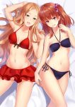  2girls bikini bikini_skirt black_bikini breasts brown_hair cowboy_shot flat_chest frilled_bikini frills front-tie_top green_eyes huyumitsu konami_kirie long_hair looking_at_viewer lying multiple_girls nire_hikari red_bikini red_eyes short_hair side-tie_bikini small_breasts swimsuit wide_hips world_trigger 