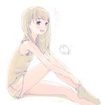  1girl bangs blonde_hair blush breasts brown_eyes camisole dressing from_side knee_up kokudou_juunigou long_hair looking_at_viewer open_mouth original shorts simple_background sitting small_breasts smile socks solo teeth white_background 