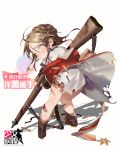  1girl blush boots braid brown_boots brown_hair character_name closed_mouth coat copyright_name dress_shirt from_behind full_body girls_frontline green_eyes gun hair_between_eyes highres holding holding_gun holding_weapon kneepits lee-enfield lee-enfield_(girls_frontline) long_hair looking_at_viewer looking_back medal military military_uniform official_art rei_(sanbonzakura) rifle shadow shell_casing shirt sidelocks solo torn_clothes torn_shirt uniform wavy_mouth weapon younger 