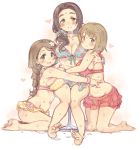  3girls 7010 akanishi_erika barefoot bikini black_hair blush braid breasts brown_eyes brown_hair cleavage commentary_request ebihara_naho flower green_bikini green_eyes hair_bobbles hair_flower hair_ornament heart hug idolmaster idolmaster_cinderella_girls large_breasts long_hair looking_at_viewer mimura_kanako multiple_girls open_mouth plump polka_dot polka_dot_bikini red_bikini short_hair side-tie_bikini sideboob simple_background sketch smile sweat swimsuit white_background yellow_bikini 