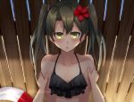  1girl alternate_costume blurry breasts collarbone commentary_request depth_of_field flower green_eyes grey_hair hair_flower hair_ornament hair_ribbon hibiscus innertube kantai_collection long_hair looking_at_viewer ohiya parted_lips pov ribbon shade small_breasts sweat swimsuit twintails wall_slam zuikaku_(kantai_collection) 