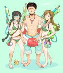  1boy 2girls admiral_(kantai_collection) alternate_costume bandage bandaged_arm bandaid bandaid_on_face bangs bare_shoulders barefoot bikini black_hair blush braid breasts brown_eyes brown_hair cleavage closed_mouth collarbone commentary_request dog_tags feet goggles green_background green_bikini green_swimsuit grin hair_tie hand_on_hip highres innertube jewelry kantai_collection kitakami_(kantai_collection) long_hair looking_at_viewer multiple_girls navel necklace ooi_(kantai_collection) opaque_glasses open_mouth shadow shorts sidelocks simple_background single_braid smile stepping sweatdrop swimsuit teeth water_balloon water_gun yamada_rei_(rou) 