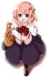  1girl :d bangs black_legwear black_shoes black_skirt blush bow bowtie bread buttons carrying collared_shirt commentary_request eyebrows_visible_through_hair flat_chest food from_above gochuumon_wa_usagi_desu_ka? hair_ornament hairclip hand_on_own_cheek highres hoto_cocoa long_hair long_sleeves looking_at_viewer open_mouth orange_hair pink_vest rabbit_house_uniform red_bow red_bowtie ruu_(tksymkw) shadow shirt shoes shopping_basket skirt smile solo violet_eyes walking white_background white_shirt wing_collar 