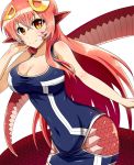  1girl breasts cleavage hair_ornament hairclip highres houshi lamia large_breasts long_hair looking_at_viewer miia_(monster_musume) monster_girl monster_musume_no_iru_nichijou one-piece_swimsuit pointy_ears redhead scales slit_pupils smile solo swimsuit very_long_hair yellow_eyes 