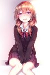  1girl bangs between_legs blush brown_hair collared_shirt eyebrows_visible_through_hair hand_between_legs haruka_natsuki highres long_hair looking_at_viewer low_twintails open_mouth original purple_skirt school_uniform shadow shirt skirt solo sweater twintails v_arms violet_eyes 