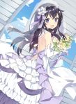  1girl :d akatsuki_(kantai_collection) bare_back blush bouquet bridal_veil day dress elbow_gloves flower gloves highres kantai_collection kikistark long_hair looking_at_viewer looking_back open-back_dress open_mouth petals purple_hair smile solo veil violet_eyes wedding_dress white_gloves 