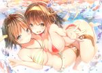  2girls arched_back ass bangs barefoot bikini blush breast_press breasts brown_eyes brown_hair closed_mouth commentary_request double_bun eyebrows_visible_through_hair frilled_bikini frills hair_intakes halterneck headgear hiei_(kantai_collection) kantai_collection kongou_(kantai_collection) large_breasts long_hair looking_at_viewer medium_breasts multiple_girls outstretched_arm red_bikini short_hair striped striped_bikini sune_(mugendai) swimsuit thigh_strap water_drop 