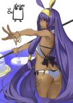  1girl ass azusa_(hws) back bikini bracelet dark_skin earrings fate/grand_order fate_(series) holding holding_staff jackal_ears jewelry long_hair looking_at_viewer medjed nitocris_(fate/grand_order) purple_hair smile staff swimsuit very_long_hair violet_eyes white_bikini 