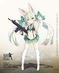  1girl :q arm_up art556_(girls_frontline) assault_rifle bangs black_bikini_top blush boots bow brown_eyes character_name closed_mouth collared_shirt copyright_name crop_top eyebrows_visible_through_hair flat_chest full_body girls_frontline gloves green_bow green_hair green_ribbon green_skirt gun hair_between_eyes hair_bow hair_ribbon hand_up highres holding holding_gun holding_weapon long_hair looking_at_viewer microskirt midriff navel over-kneehighs pleated_skirt ribbon rifle saru shadow shiny shiny_hair shirt skirt sleeveless smile solo standing suspender_skirt suspenders thigh-highs thigh_boots tongue tongue_out twintails weapon white_boots white_gloves white_legwear white_shirt 