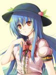  1girl :o bangs black_hat blue_hair blush bow bowtie breasts chestnut_mouth dress_shirt food fruit fuussu_(21-kazin) hat hinanawi_tenshi leaf long_hair looking_at_viewer orange_eyes parted_lips peach puffy_short_sleeves puffy_sleeves red_bow red_bowtie shirt short_sleeves small_breasts solo touhou upper_body white_shirt 