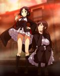  2girls black_hair bow bowtie brown_hair chise_(princess_principal) corset dorothy_(princess_principal) frills highres hikimayu looking_at_viewer multiple_girls panties panties_under_pantyhose pantyhose pantyshot princess_principal red_eyes sbel02 sidelocks underwear wind wind_lift 