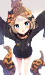  abigail_williams_(fate/grand_order) arms_up bangs black_bow black_coat black_jacket blonde_hair blue_eyes blurry blurry_background blush bow fate/grand_order fate_(series) hair_bow hair_bun highres jacket long_hair long_sleeves looking_at_viewer mafuyu_(chibi21) open_mouth orange_bow parted_bangs polka_dot polka_dot_bow sleeves_past_fingers sleeves_past_wrists smile standing star star-shaped_pupils symbol-shaped_pupils 