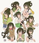  1girl alternate_costume alternate_hairstyle asui_tsuyu bag black_eyes blouse blush boku_no_hero_academia boots braid cardigan casual collared_shirt frog frog_girl green_hair grimmy666666 hair_bun hair_ornament hairband hairclip half-closed_eyes highres jacket keychain long_hair long_sleeves long_tongue looking_at_viewer on_head pantyhose pleated_skirt scarf shirt short_sleeves shorts simple_background sitting skirt smile solo_focus squatting striped striped_shirt suspenders tied_hair tongue tongue_out white_background white_shirt 