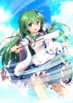  1girl :d blue_skirt blue_sky blush clouds commentary_request day detached_sleeves frilled_skirt frills frog_hair_ornament gohei green_eyes green_hair hair_between_eyes hair_ornament hair_tubes kochiya_sanae long_hair looking_at_viewer miniskirt nogisaka_kushio oonusa open_mouth outstretched_arm skirt sky smile snake_hair_ornament solo star_in_eye touhou very_long_hair wide_sleeves wind 