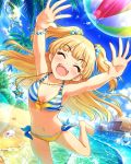  1girl artist_request ball beach beachball blonde_hair bracelet breasts closed_eyes coconut_tree fangs idolmaster idolmaster_cinderella_girls jewelry jougasaki_rika long_hair midriff necklace official_art palm_tree sand small_breasts swimsuit tree twintails two_side_up 