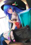  1girl :d bag bangs black_hat blue_hair blue_skirt blush food from_side fruit fuussu_(21-kazin) hat hinanawi_tenshi leaf long_hair looking_at_viewer looking_to_the_side open_mouth peach popsicle puffy_short_sleeves puffy_sleeves rainbow_order red_eyes school_bag shirt short_sleeves sidelocks sitting skirt smile solo touhou white_shirt 