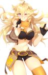  1girl azure-zer0 bandanna belt_buckle blonde_hair breasts buckle cleavage cow_girl fingerless_gloves gloves hat highres large_breasts one_eye_closed pointing pointing_at_viewer rwby shorts sleeveless_jacket solo violet_eyes yang_xiao_long 