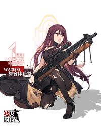  &gt;:o 1girl :o black_dress black_gloves black_legwear breasts choker dress duoyuanjun girls_frontline gloves gun half_gloves high_heels highres kneeling large_breasts long_hair looking_away official_art pantyhose purple_hair red_eyes rifle sidelocks single_glove sniper_rifle solo thighband_pantyhose torn_clothes torn_dress torn_pantyhose very_long_hair wa2000_(girls_frontline) weapon 