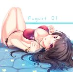  1girl bangs bikini black_hair blush bracelet breasts cleavage dated hands_up haruka_natsuki jewelry large_breasts legs_together long_hair looking_at_viewer looking_back lying navel on_back original parted_lips red_bikini solo swimsuit thighs violet_eyes water_surface 