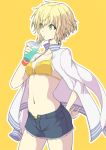  1girl bangs bikini blonde_hair blush breasts cleavage closed_mouth collarbone cowboy_shot cup drinking drinking_straw green_eyes hair_between_eyes hand_on_hip holding holding_cup jacket jacket_on_shoulders navel open_fly open_track_jacket original ryuga_(balius) short_hair shorts simple_background small_breasts solo swimsuit thighs tomboy track_jacket yellow_background yellow_bikini 