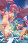  2girls absurdres ass barefoot bat_wings beach bent_over bikini breasts cleavage criss-cross_halter dark_skin demon_girl flat_chest green_eyes green_hair halterneck head_wings highres large_breasts lilith_aensland long_hair midriff morrigan_aensland multiple_girls navel ocean one-piece_swimsuit one_eye_closed pink_eyes pink_hair pink_swimsuit print_swimsuit purple_swimsuit short_hair side-tie_bikini splashing succubus swimsuit tan vampire_(game) wings xavier_houssin 