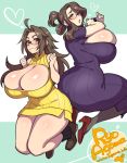  2girls agawa_ryou artist_name ass atsuko-sensei blush breasts brown_hair bursting_breasts cleavage glasses heart high_heels huge_breasts long_hair looking_at_viewer meme_attire multiple_girls ooo_ayumu open-chest_sweater original parted_lips signature smile sweater thick_thighs thighs 